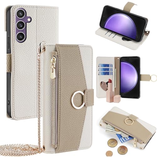 Étui portefeuille pour Samsung S22 Plus en cuir souple blanc avec bandoulière