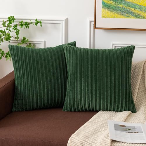 Kevin Textile Striped Corduroy 26”x26” Pillow Covers 2 Pack, Xmas Green