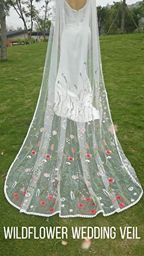 Wildflower Floral Embroidery Shoulder Cape Veil Secret Garden Veil With Comb Cathedral Length Bridal Wedding Veil S117 (Ivory Tulle) #TOP4