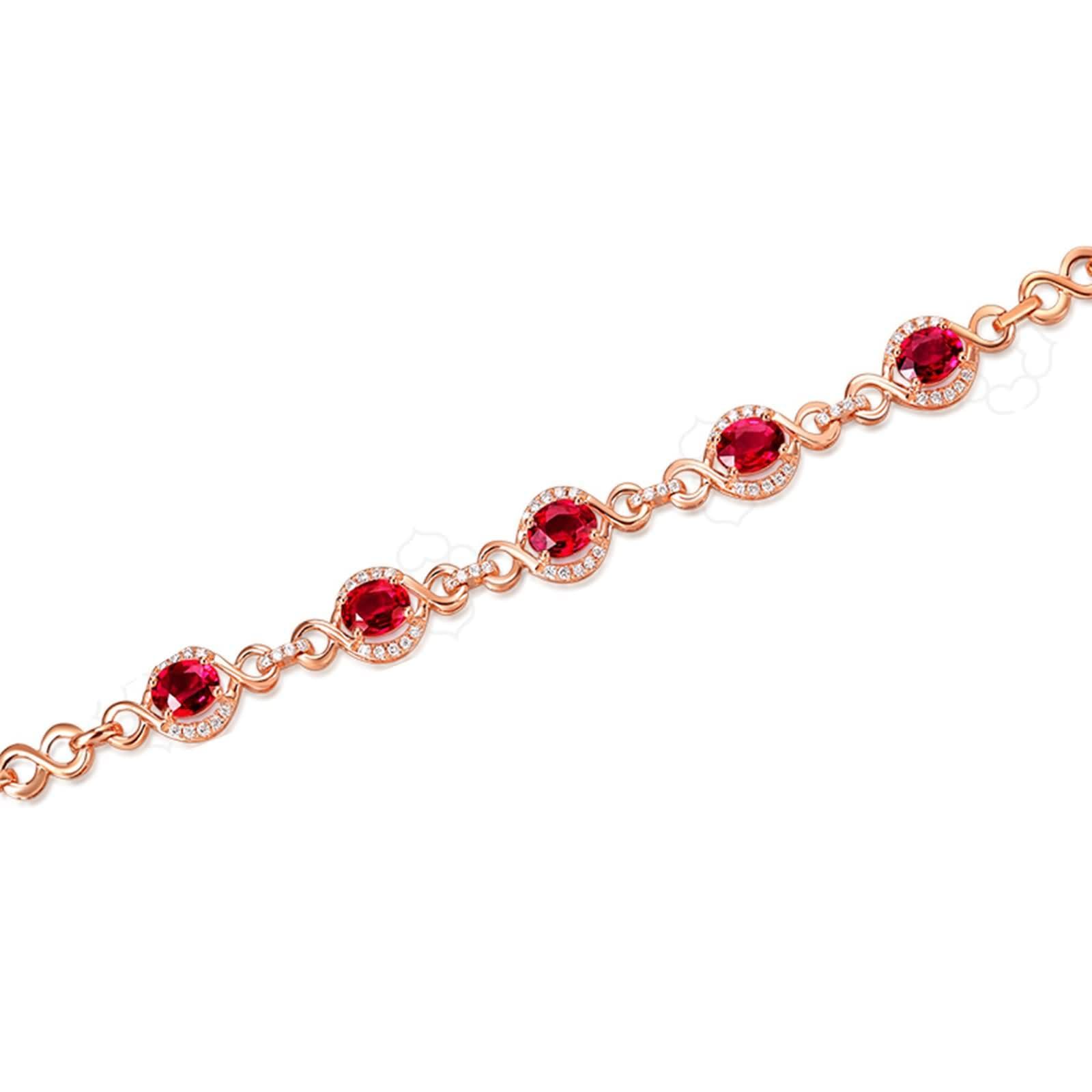 Pulseras de Mujer Oro Rosa 9Kt / 14Kt / 18Kt, Oval con Rubí y Diamante, Cadena Extensible 16 CM + 5 CM, Pulsera de Mujer de Oro Rosa