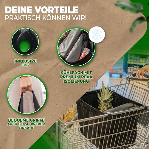 Cottara® Einkaufstasche für Einkaufswagen mit Kühlfach | Faltbare Einkaufswagentasche zum einhängen mit Kühlfunktion & Einkaufschip | Ideale Tasche für Einkaufswagen und Shopper (Schwarz mit Kühlfach)
