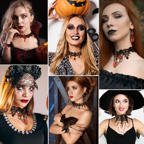Gothic Victorian Style Vampire Choker Necklace Bracelet Earrings Set,Halloween Pirate Steampunk Witch Vampire Costume Accessories Jewelry for Women,Adjustable Size3