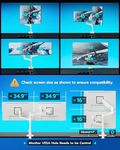 Image of ARES WING White Ultrawide Dual Monitor Mount with USB A /C for 17 to 49 Inch | Pro Gas Spring, Aluminum Material, Flexible Screen Layouts, for 75 /100 Vesa Mount, Hold 44lbs Each Arm, for Samsung Monitor