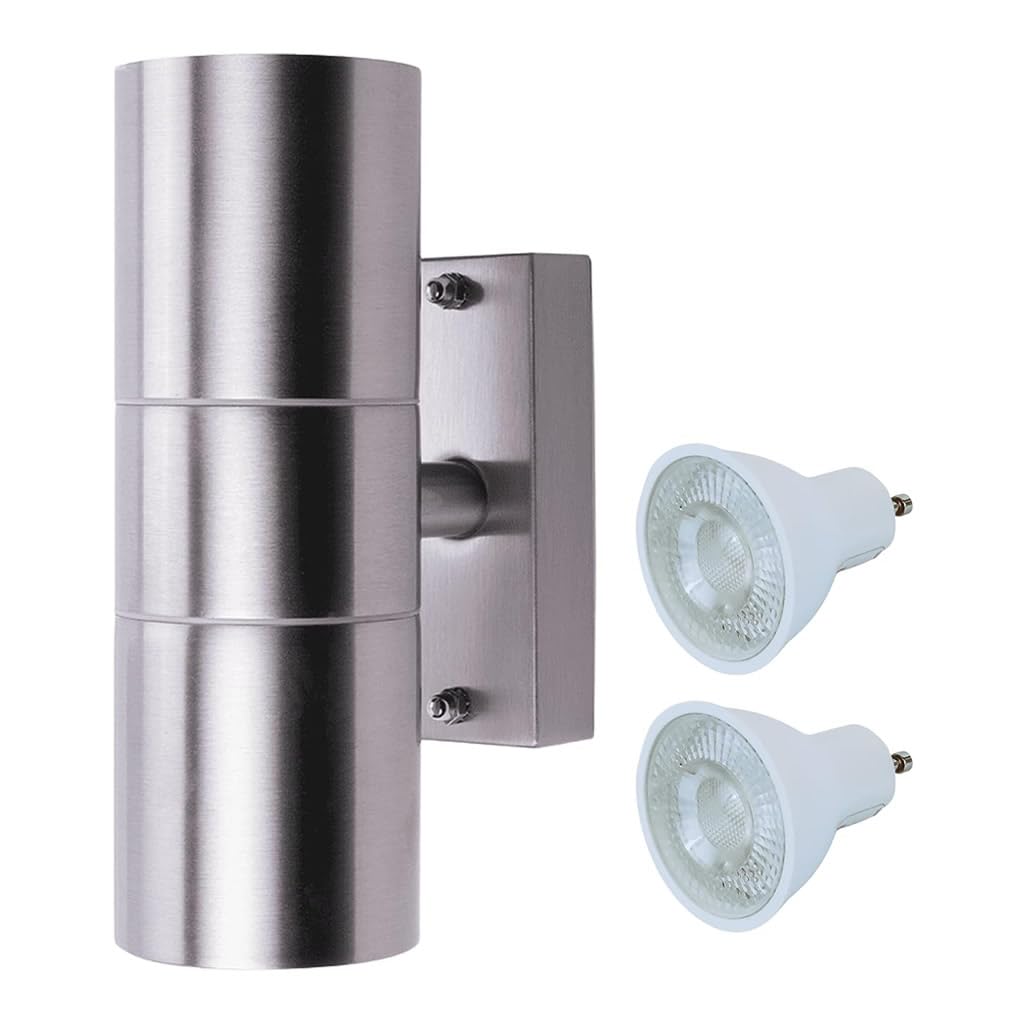 HiSPEC Coral LED Outdoor Up Down Wall Lights | for Home, Driveway, Garden, Patio | Wall Mounted Exterior Security Light with IP44 Rating (Stainless Steel, 1 Pack with Bulbs)