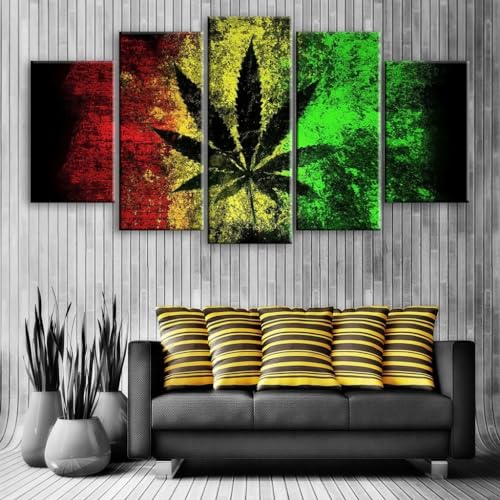 Déco murale salon 5 parties cannabis abstrait pour un séjour moderne