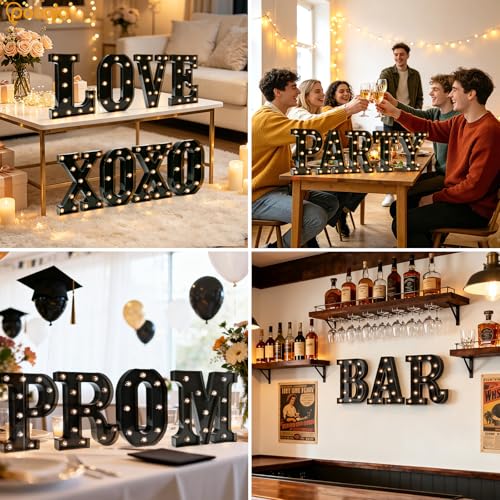 Image of Pooqla Black Light Up Letter E, Marquee Letters Black Room Decor | LED Lighted Letters Birthday Party Decorations, Gifts for Boys Men Christmas Anniversary Night Light Home Bar Room Decoration