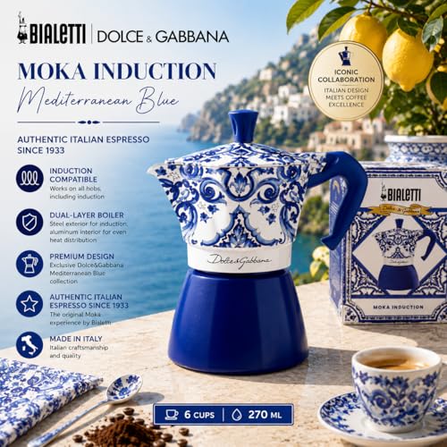 Image of Bialetti Original Dolce & Gabbana Blue Mediterraneo Design 6Cup Induction Moka Pot, Espresso Maker, Premium Coffee Maker, Made in Italy for Authentic Espresso Coffee Since 1933