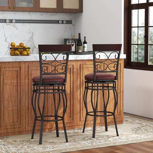 Butacos altos de bar de 30 pulgadas, juego de 2 unidades, giratorios 360 grados, estilo retro, con asiento y respaldo acolchados en cuero sintético, para cocina, bistró, pub y sala miniatura 7