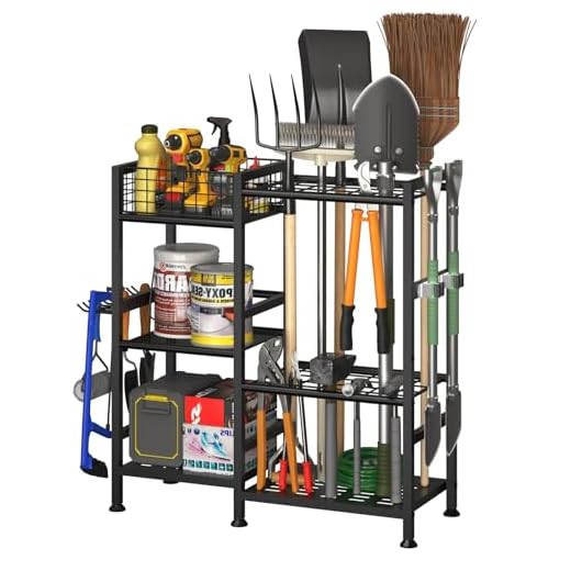 keomaisyto Garden Tool Organizer with Basket, 3 Tier Yard Tool Storage Rack for Garage Organization, Heavy Duty Garden Tool Holder with 35 Long-Handled Tool Slots for Shed, Yard, Garage