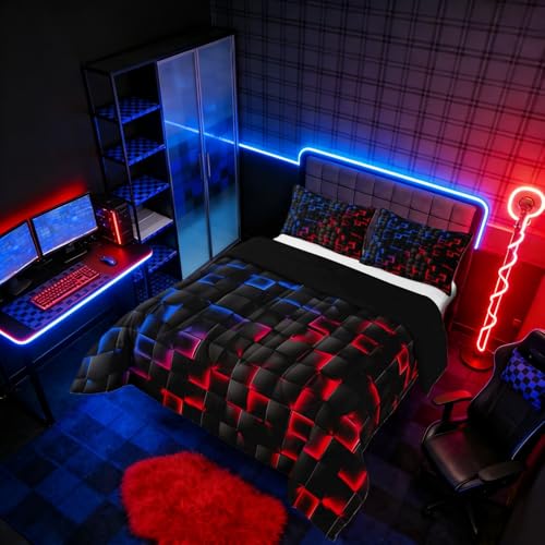 Image of Erosebridal Geometric Checkered Boys Bedding Set Full Size Neon Red Blue Comforter Set for Kids Teen Men Gamer Room Decor,Abstract Ombre Plaid Comforter Grids Quilt Duvet Black