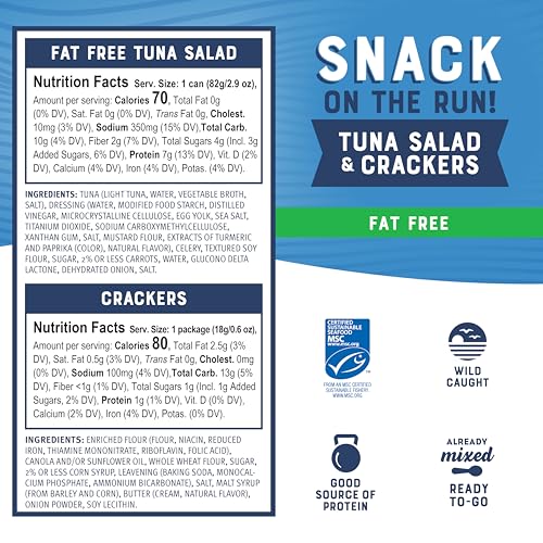 Image of Bumble Bee Snack On The Run! Fat Free Tuna Salad Kit | Ready to Eat Easy-Open Canned Tuna Salad with Crackers Snack Pack, 8g Protein per Box, Wild Caught MSC Certified Tuna