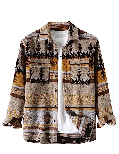 VIEWON Men's Casual Print Button Down Woolen Long Sleeve Lightweight Lapel Western Shacket Jacket Coat