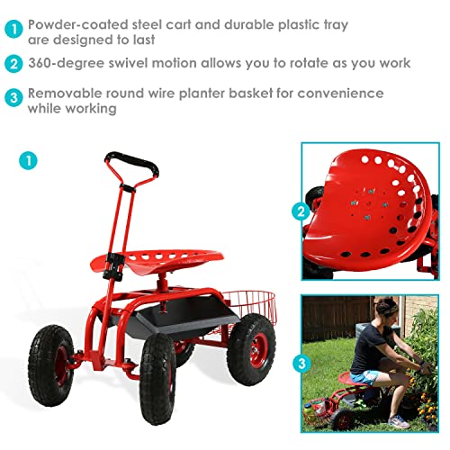 Sunnydaze Garden Cart Rolling Scooter - Features Extendable Steer Handle, Swivel Seat And Utility Tool Tray - Red #TOP3