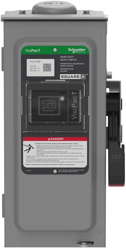 Square D by Schneider Electric VH221NRB VisiPact Heavy Duty Safety Switch with Viewing Window and Red (On) and Black (Off) Indicators, Fusible 2 Pole, 30A, 240VAC/250VDC, Type 3R