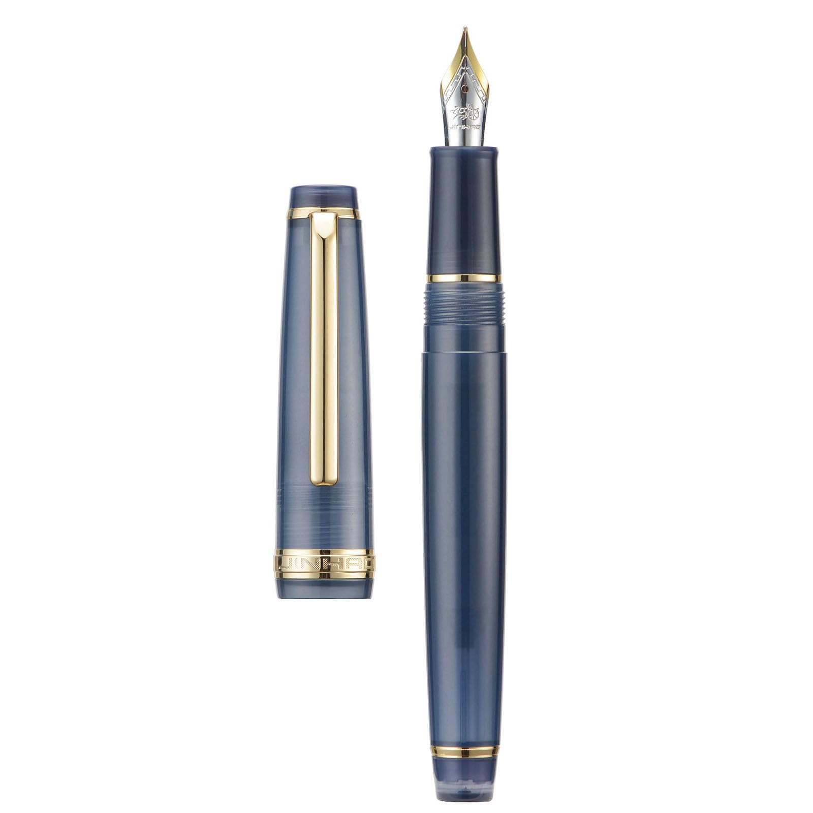 Jinhao 82 Acrylic Fountain Pen, Iridium Medium Nib with Ink Converter, Transparent Dark Blue Classic Design Smooth Writing Pen (Gold Trim)