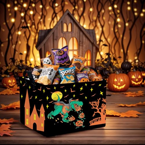 Image of Halloween Basket Gift Cute Pumpkin Ghost Parties Decor Kid Trick or Treat Basket for Boys and Girls Rectangular Storage Bin Box (Dinosaur)