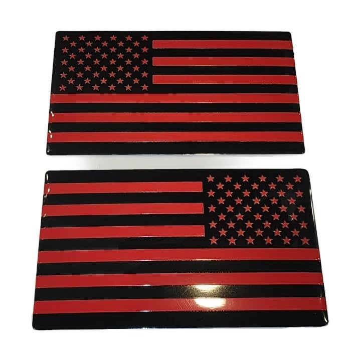 Image of Muzzys (Set of Two) 3 inchx5 inch Black Thin Red Line Aluminum Embossed Left & Right American Flag Decal Emblem Sticker Badge United States Stick On Fender Bed Car Truck Window Glass USA