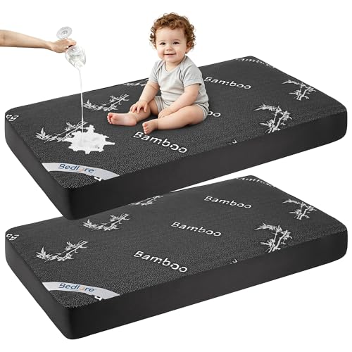 Image of BEDLORE Waterproof Crib Mattress Protector 2 Pack, Ultra Soft Bamboo Viscose Crib Mattress Pad Cover, Noiseless Toddler Mattress Protector for Standard Baby Mattress Size 52''x28'', Dark Gray