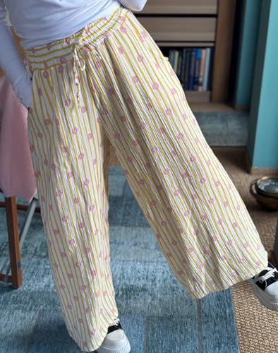 Women's Cotton Boho Chic Cropped Trousers Striped Floral Print Loose-Fit Pants Summer Casual Pants3