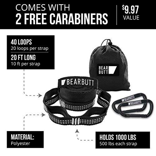 Bear Butt Kodiak Hammock Straps For Trees - 20 Feet Long Hammock Tree Straps - 40 Combined Loops - Holds 1000 Pounds - Camping Hammock Straps - Hammock Tree Straps With Carabiner - Hammock Accessories #TOP2