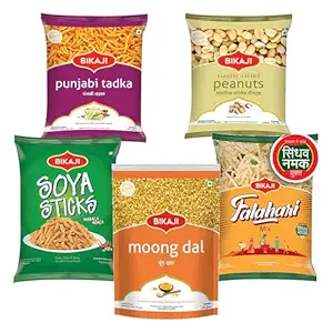 Bikaji Snacks Combo – SOYA STICKS & SALTED PEANUT & FALHARI MIX & Moong Dal & PUNJABI TADKA | 5 Pack Variety | Bar Snacks, Party Mix & Tea-Time Treats – 1 Kg
