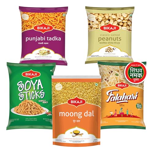 Bikaji Snacks Combo – SOYA STICKS & SALTED PEANUT & FALHARI MIX & Moong Dal & PUNJABI TADKA | 5 Pack Variety | Bar Snacks, Party Mix & Tea-Time Treats – 1 Kg