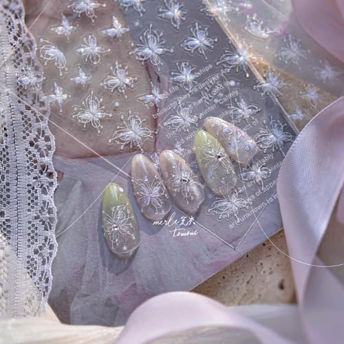Image of White Flower Nail Art Stickers Butterfly Nail Stickers Decals with Jelly Design 5D Embossed Self Adhesive Floral Nails Charms for Women Girls Manicure Decoration Accessories Supply 1 Sheets