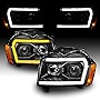 AmeriLite for 2005-2007 Jeep Grand Cherokee WK Switchback LED C-Type Tube Square Projector Black Headlights Assembly - Driver and Passenger Side
