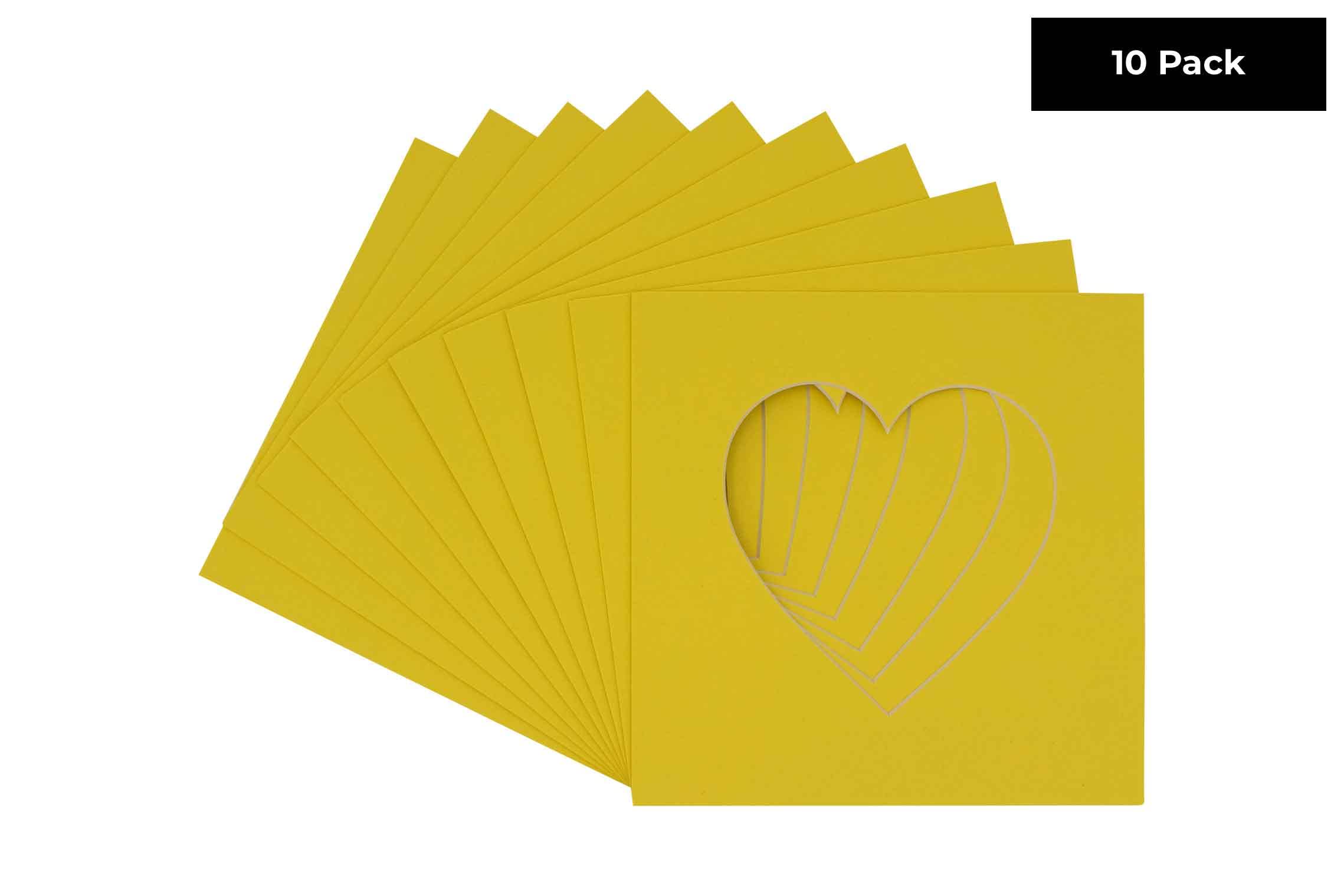 CountryArtHouse Yellow Acid Free 8x8 Heart Picture Frame Mat with White Core Bevel Cut for 4x4 Pictures - Fits 8x8 Frame - Pack of 10 Matboards