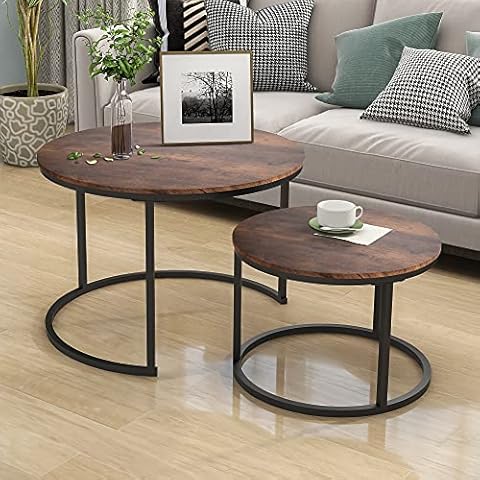 HOJINLINERO Industrial Round Coffee Table Set of 2 End Table for Living Room,Stacking Side Tables, Sturdy and Easy Assembly,Wood Look Accent Furniture with Metal Frame,Black+Rustic Brown Cover