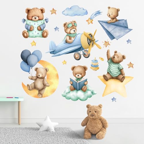 Vinilos decorativos para pared con diseño de oso y avión azul miniatura 3