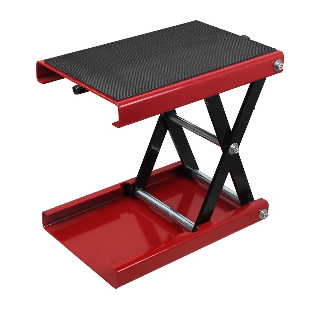 Cric de Moto 1100 lbs/500 kg Hauteur 19-34 cm Pont Élévateur Ciseaux Moto en Acier Plate-Forme Élévatrice Moto Dimension Plat-Forme 36x23 cm Lève Moto Sécurisée Table Élévatrice Moto Entretien, Rouge