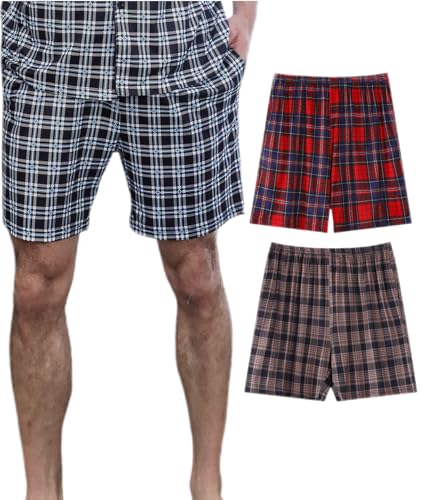 3PCS Mens Plaid Pajamas Shorts With Pockets Sleep Bottoms Silky Fabric Shorts Loungewear Pijamas Para Hombres