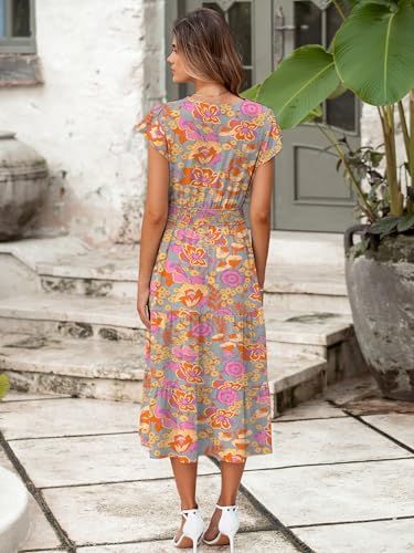 Image of BerryGo Women's Floral Boho Ruffle Summer Midi Dress Short Sleeve V Neck Empire Waist Swing Flowy Dress