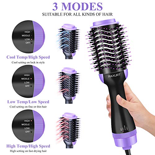 Hair Dryer Brush,One-Step Hair Dryer Brush and Volumizer with ION Generator, Anti-Frizz Hair Dryer Brush, Hot Air Brush Styler Brush Hair Dryers for Women,with 3pcs Hair Clips, 3pcs Hair Ties (Purple)