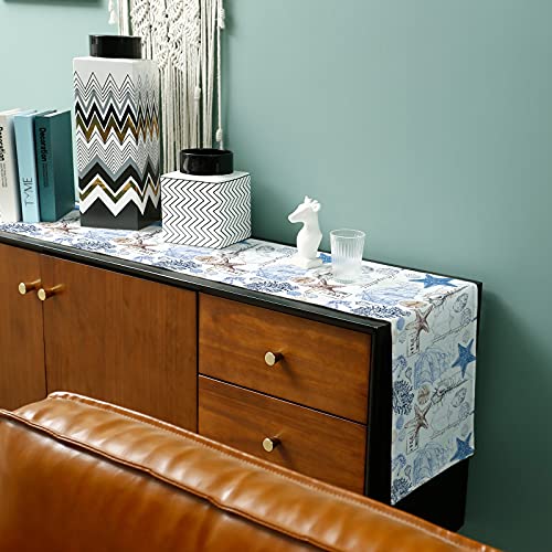 Beach Coastal Nautical Table Runner 36 Inches Small Cotton Linen Tablerunner Dresser Scarves,Undersea Shell Starfish Coral Hippocampus Boat Burlap Runner Nautical Decor for Dinner/Coffee/Party/Wedding - Image 7