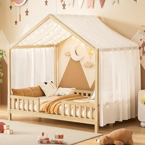 Image of Full Size Wood House-Shape Platform Bed with Roof Frame and Canopy, Montessori Floor Bed with High Railings and Slat Support for Kids Girls Boys, No Box Spring Needed (Natural-05, Full)