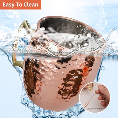 Amrules Moscow Mule Mugs Set of 4, 16 OZ Hammered Copper Cups with 304 Stainless Steel Lining and Gold Brass Handles, Includes Straws, Opener, Jigger, Brush, Fit for Cold Drinks, Bars, Parties by Amrules - Image 5
