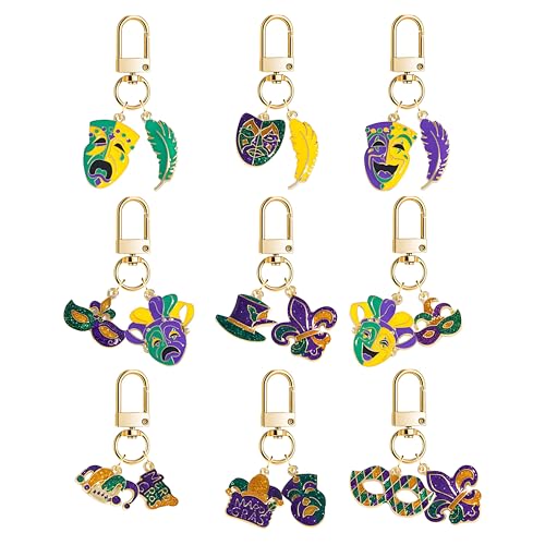 Dreuyet 9 Pcs Mardi Gras Keychain Crown Carnival Mask Fleur-de-lis Keychains Charms for Backpack Car Purse Accessories (Unique)