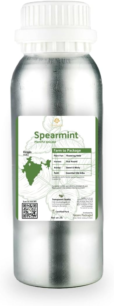 Spearmint Essential Oil - Direct from Essential Oils India - Steam Distilled - Aceite Esencial de Menta Verde for Aromatherapy, Massage, Diffuser, DIY Candle and Soap Making - 2lbs