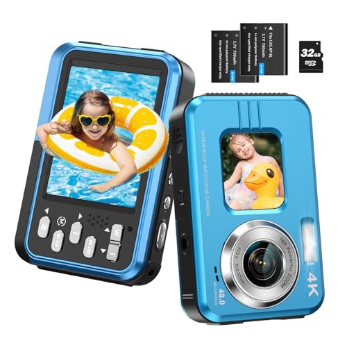 4K Waterproof Camera Underwater Camera Snorkeling 11FT with 32GB Card Dual Screens Selfie 48MP Autofocus 16X Zoom Compact Digital Camera Waterproof with 2 Batteries (Blue)
