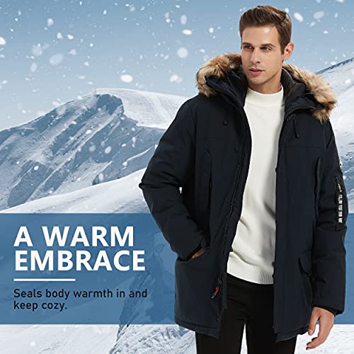 Mens Vegan Down Long Parka, Molemsx Winter Jackets For Men Faux Fur Classy Lined Warm Overcoat Outdoor Down Alternative Sports Ski Camping Expedition Insulated Mountain Ski Jacket Gift Navy,Xs-Regular #TOP2