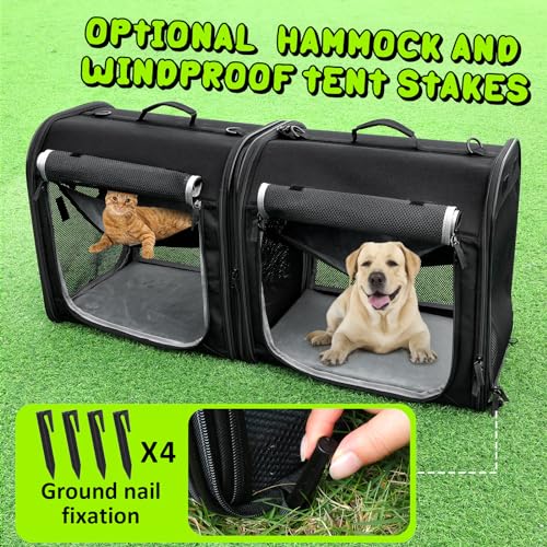 Wenqik-2-Set-Large-2-in-1-Cat-Carrier-for-up-to-33lbs-Pet-354x169x132-Collapsible-Double-Connect-Carrier-Travel-Dog-Crate-with-Litter-Box-Hammock-Mat-Tent-Stake-Use-Individually-or-Zip-Together
