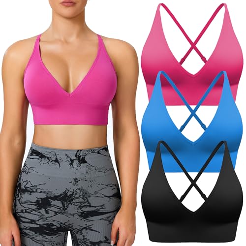 Image of BLUELILY Adjustable Deep V Neck Bras 3 /5 Pack Sports Bras for Women Padded Seamless Spaghetti Strap Criss Cross Yoga Bras