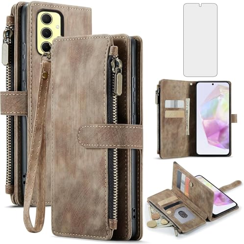 Étui Samsung Galaxy A35 5G coque portefeuille marron A355G avec protection écran verre