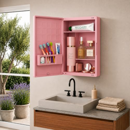 Image of BRANCO New Rich Look Bathroom Organizer Cabinet | Mirror with Shelf | 4 Shelves Storage Organizer | Wall Mounted Cabinet | for Home /Kitchen /Toilet (BRC-931) (Pink)