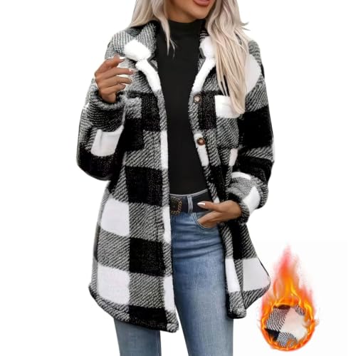 Fleece Jacket Women Plaid Sherpa Jackets Soft Button Fuzzy Long Sleeve Coat - image 7