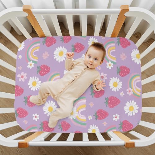 Image of Crib Sheet Breathable Soft Crib Mattress Sheet for Baby Toddler Boys Girls Fitted Crib Sheet Fit Standard Crib Mattress 39 x 27 Inch Purple Rainbow Daisy Strawberry