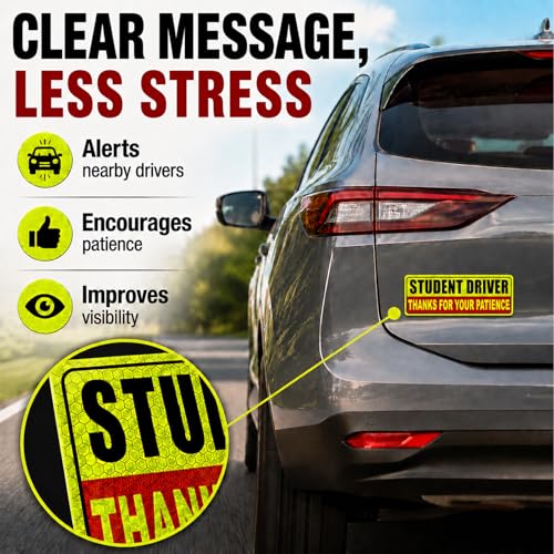 Image of Student Driver Magnet for Car - New Driver Magnet for Car Safety Warning Please Be Patient Reusable Movable Reflective Magnetic Black & Red for Car Bumper 3 Pcs