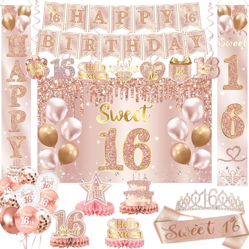 Sweet 16 Party Decorations 16th Birthday Decorations Backdrop Banner Honeycomb Centerpieces Hanging Swirls Porch Banner Balloons Sash Pom Poms Crown